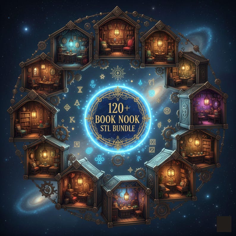 May include: A digital illustration of a collection of miniature book nooks arranged in a circular pattern against a starry background. Each nook is a detailed interior scene, lit with warm light. A central glowing circle displays the text "120+ BOOK NOOK STL BUNDLE".