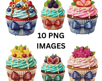 May include: An assortment of six cupcakes with colorful frosting and various fruit toppings, including strawberries, blueberries, and figs. Each cupcake is decorated with a decorative bow. The text "10 PNG IMAGES" is displayed below the cupcakes.
