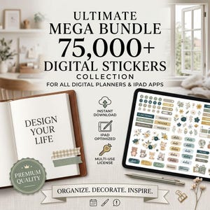 Puede incluir: Un paquete de 75,000+ pegatinas digitales para planificadores y aplicaciones de iPad. La imagen muestra un cuaderno marrón, una pantalla de tableta con pegatinas florales y funcionales, un lápiz óptico y el texto ULTIMATE MEGA BUNDLE.