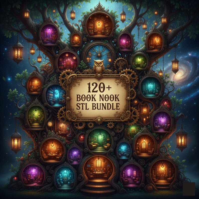 May include: A digital illustration of a tree with multiple miniature rooms, each illuminated with different colored lights. The image includes a sign that reads "120+ BOOK NOOK STL BUNDLE". The background features a starry night sky and hanging lanterns.