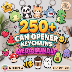 Puede incluir: Una colección digital de 250+ llaveros abrebotellas con personajes de dibujos animados coloridos que incluyen una rana, panda, gato, tiburón, dinosaurio, abeja, fresa, sandía, hongo, taza de café, fantasma y aguacate con formatos de archivo imprimibles en 3D.
