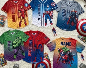 Marvel Avengers Baseball Jersey for Kids, Iron Man Spider-Man Captain America Hulk Shirt, Superhero Outfit Gift for Boys Girls, Y2K Jersey