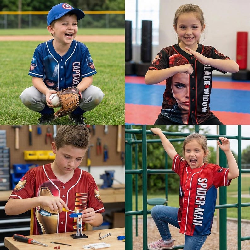 K&ouml;nnte beinhalten: Vier Kinder tragen Baseball-Trikots mit Marvel-Charakteren. Die Trikots sind rot, blau und schwarz, mit Namen und Bildern der Charaktere. Ein Kind h&auml;lt einen Baseball und einen Handschuh, ein anderes arbeitet an einem Projekt, und zwei posieren.