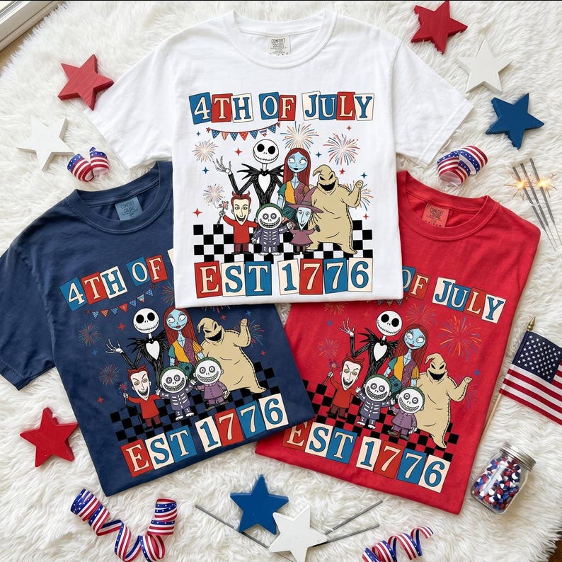 Nightmare Before Christmas 4th Of July Shirt, Jack Skellington Sally Oogie Boogie Patriotic 250 Disney T-Shirt, Family Matching Gift image 1