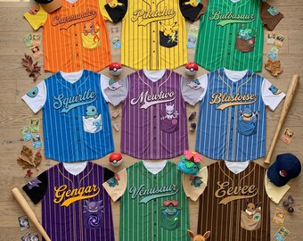 Pokemon Baseball Jersey, Pikachu Charmander Bulbasaur Shirt, Anime Character Jersey, Gamer Gift for Kids, Pokemon Fan Apparel