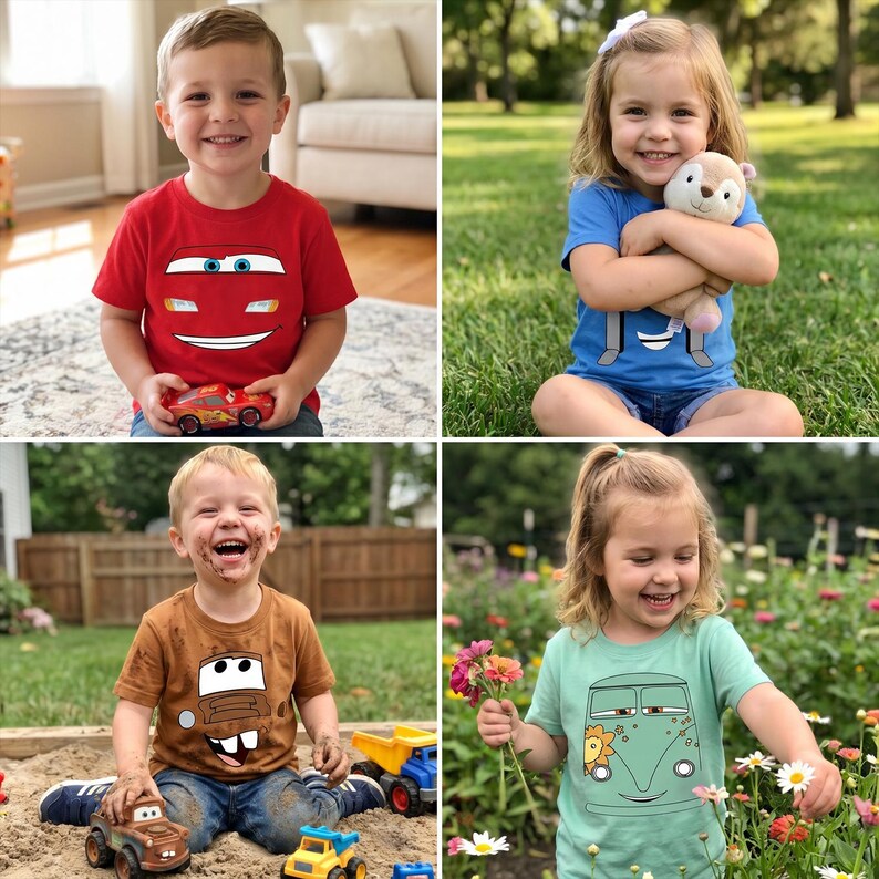 May include: Four images of children wearing t-shirts with cartoon car graphics. The first child wears a red shirt with a smiling car face. The second child wears a blue shirt and holds a stuffed animal. The third child wears a brown shirt with a car face. The fourth child wears a green shirt with a car face.