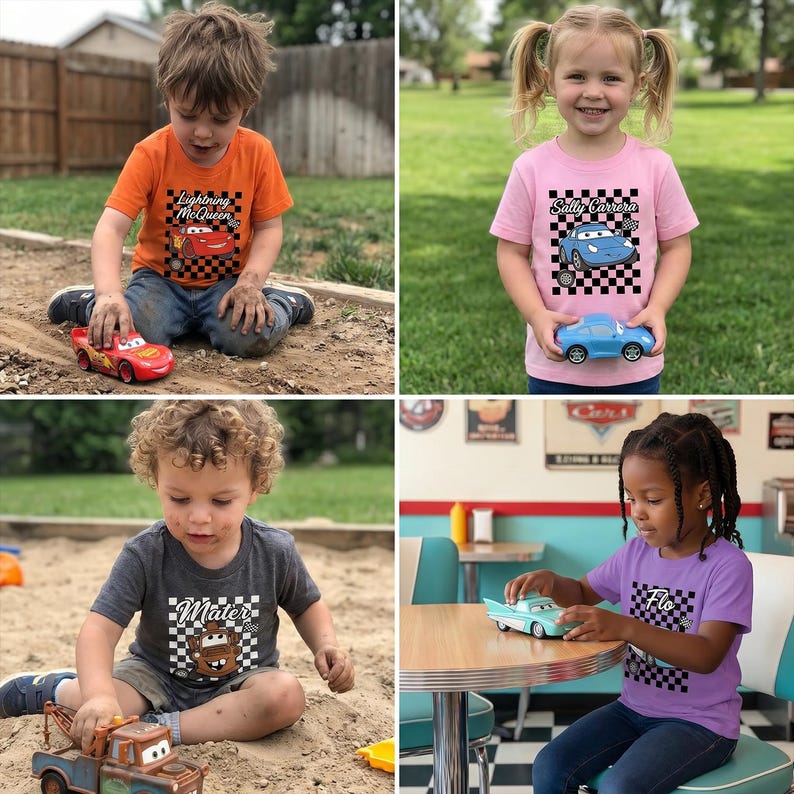 May include: Four children wearing t-shirts featuring characters from the animated movie Cars. The shirts are orange, pink, gray, and purple. Each shirt has a different character design and name. The children are playing with toy cars.