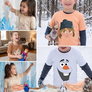 May include: A collage of children wearing t-shirts featuring characters from the animated film "Frozen." The shirts are tan, brown, and white, with images of Elsa, Anna, Kristoff, and Olaf. The children are holding toys and props.