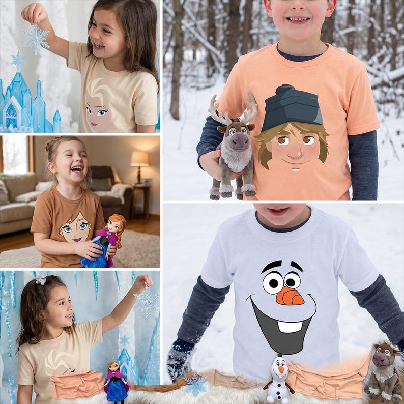 May include: A collage of children wearing t-shirts featuring characters from the animated film "Frozen." The shirts are tan, brown, and white, with images of Elsa, Anna, Kristoff, and Olaf. The children are holding toys and props.
