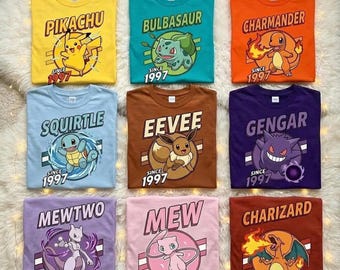 PKM Shirt Comfort Colors , Eevee Gengar Bulbasaur Squirtle Cute Anime Birthday Shirt, Gamer Gift Kids Adults, Y2k Shirt