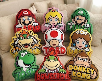 Personalized Super Mario Pillow, Custom Name Kids Plush, Cushion Mario Luigi Yoshi Birthday Gift, Gaming Room Decor Gift Idea