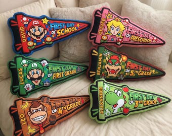 Mario Back To School Pillow, Super Mario Personalized School Photo Prop Gift for Kids Boys Girls Gamer Cushion
