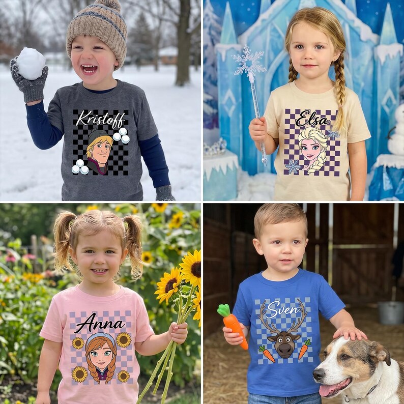 Pu&ograve; includere: Quattro bambini che indossano magliette con grafiche di personaggi. Le magliette presentano i nomi "Kristoff", "Elsa", "Anna" e "Sven". Ogni maglietta ha un motivo a scacchi e un'immagine del personaggio. I bambini si trovano in vari ambienti esterni.