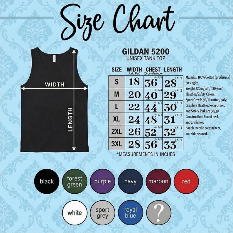 May include: A black unisex tank top with a size chart. The chart lists measurements in inches for width, chest, and length, ranging from size small to 3XL. The tank top is made of 100% cotton.