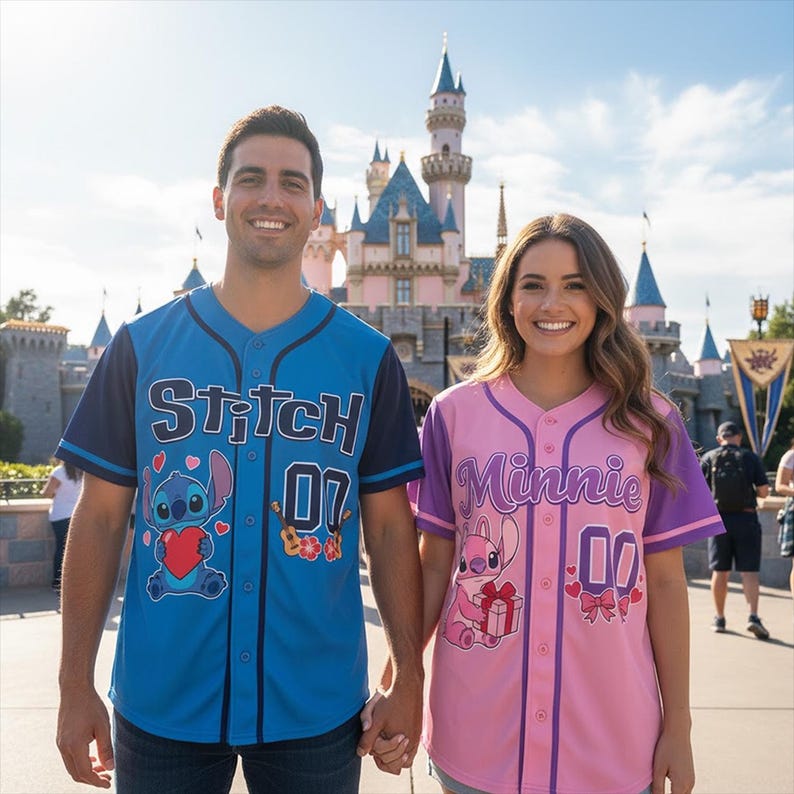 K&ouml;nnte beinhalten: Zwei Personen tragen passende Baseball-Trikots mit Disney's Stitch- und Minnie Mouse-Designs. Das blaue Trikot tr&auml;gt die Aufschrift "Stitch 07" und zeigt Stitch mit einem Herzen. Das rosa Trikot tr&auml;gt die Aufschrift "Minnie 00" und zeigt Minnie mit einem Geschenk.