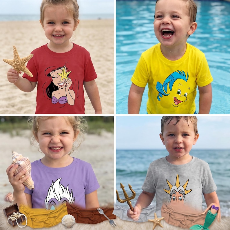 May include: Four children wearing colorful t-shirts with Disney's Little Mermaid characters. The shirts are red, yellow, purple, and gray. Each shirt features a different character: Ariel, Flounder, Ursula, and King Triton. The children are smiling and holding props.