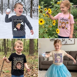 Pu&ograve; includere: Quattro magliette per bambini con personaggi del film Frozen. Le magliette sono grigie, rosa, nere e beige. Ogni maglietta ha l'immagine e il nome di un personaggio su uno sfondo a scacchi. I bambini si trovano in vari ambienti esterni.