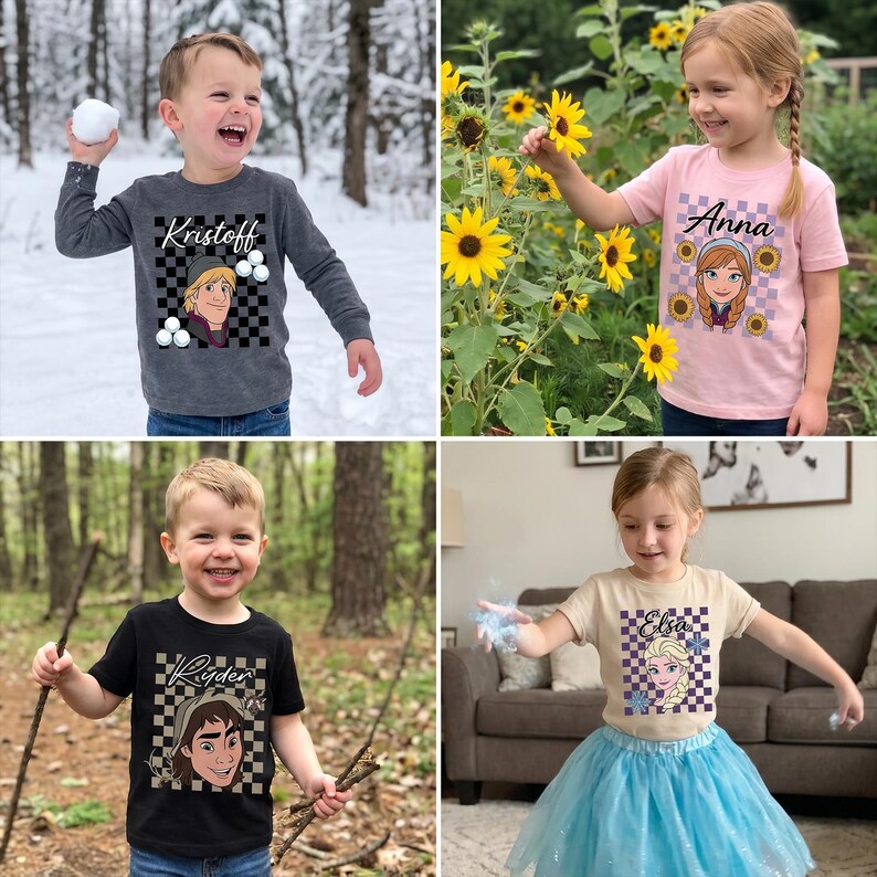 Pu&ograve; includere: Quattro magliette per bambini con personaggi del film Frozen. Le magliette sono grigie, rosa, nere e beige. Ogni maglietta ha l'immagine e il nome di un personaggio su uno sfondo a scacchi. I bambini si trovano in vari ambienti esterni.