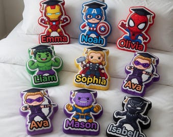 Personalized Graduation Avengers Pillow, Custom Name Superhero Plush, Cushion Kids Grad Gift, Kindergarten Preschool Decor