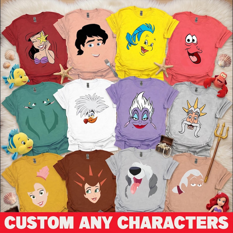 May include: A collection of colorful t-shirts featuring various cartoon character designs. The shirts are in shades of red, pink, yellow, green, white, purple, gray, brown, and tan. The text "CUSTOM ANY CHARACTERS" is displayed at the bottom of the image.