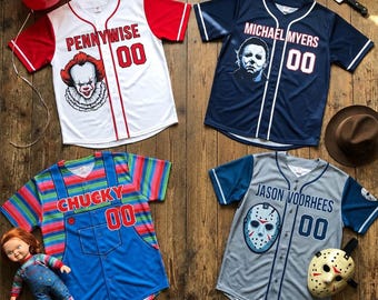 Custom Horror Movie Baseball Jerseys, Pennywise Michael Myers Chucky Jason Voorhees Shirts, Custom Name Number Halloween Outfit