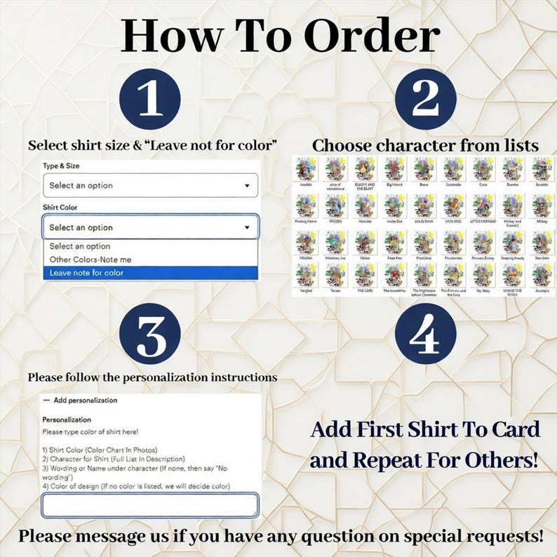 May include: A graphic with instructions on how to order a custom shirt. The steps include selecting the shirt size and color, choosing a character, providing personalization details, and adding the shirt to the cart. The image also includes a list of characters.