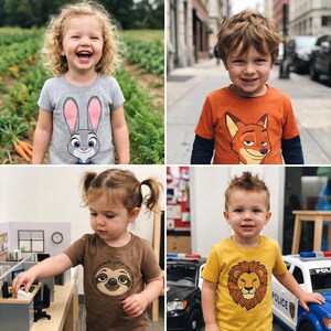 May include: Four children wearing graphic t-shirts. One child wears a gray shirt with a cartoon bunny. Another wears an orange shirt with a fox. A third child wears a brown shirt with a sloth. The last child wears a yellow shirt with a lion.
