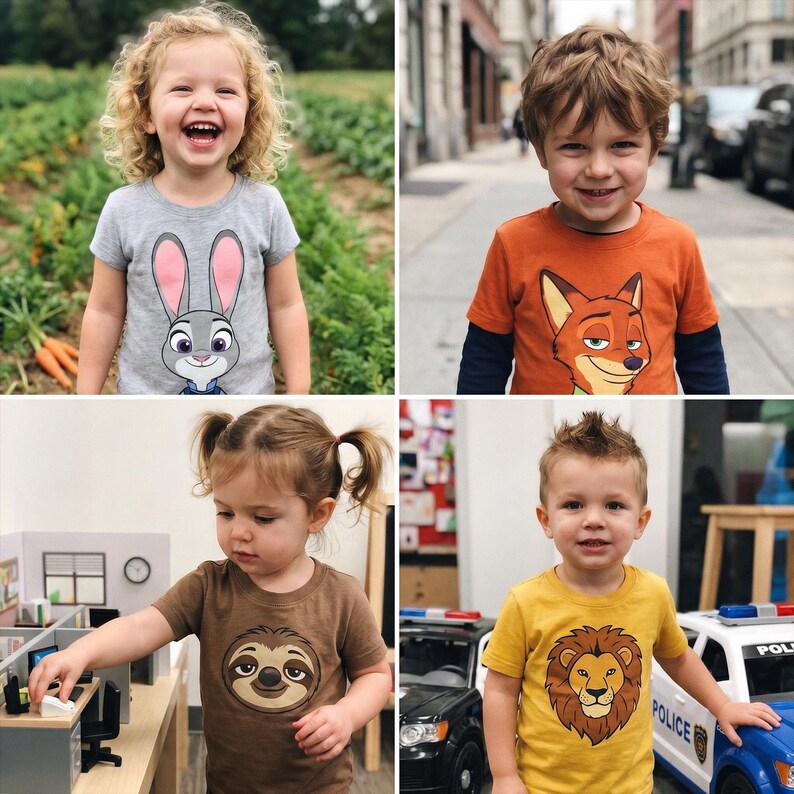 May include: Four children wearing graphic t-shirts. One child wears a gray shirt with a cartoon bunny. Another wears an orange shirt with a fox. A third child wears a brown shirt with a sloth. The last child wears a yellow shirt with a lion.