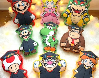 Personalized Super Mario Graduate Pillow, Custom Name Kids Plush, Cushion Mario Luigi Yoshi Birthday Gift, Gaming Room Decor Gift Idea