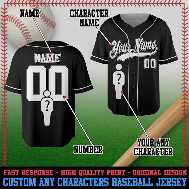 Puede incluir: Camiseta de b&eacute;isbol negra con detalles blancos, personalizable con texto y n&uacute;meros. La camiseta presenta un signo de interrogaci&oacute;n y el texto "Your Name" en la parte delantera. Tambi&eacute;n se ven una pelota y un bate de b&eacute;isbol. El texto en la parte inferior dice "CUSTOM ANY CHARACTERS BASEBALL JERSEY."