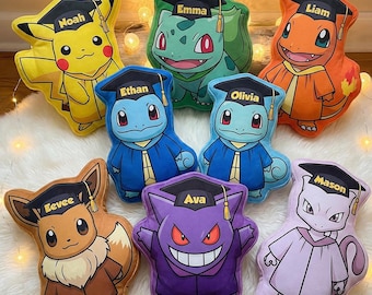 Personalized PKM Graduate Pillow, Custom Name Pillow, Poke Monster Eevee Charmander Squirtle Bulbasaur, Kids Birthday Gift