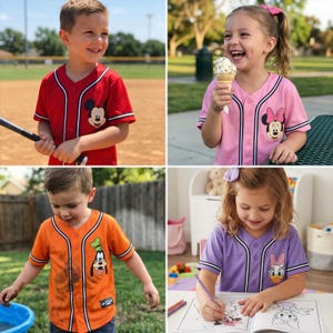 May include: Four images of children wearing baseball-style jerseys featuring Disney characters. The jerseys are red, pink, orange, and purple, with white and black accents. Each jersey has a character patch: Mickey Mouse, Minnie Mouse, Goofy, and Daisy Duck.
