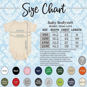 May include: Cream-colored baby bodysuit with a size chart. The chart details measurements for sizes 6M to 24M, including width, chest circumference, and length in inches. Color options are displayed below the chart.