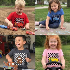 May include: Four children wearing t-shirts featuring characters from the movie Cars. The shirts are red, blue, gray, and pink. Each shirt has a character's name and image, along with a checkered flag design. The children are playing with toy cars.