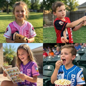 May include: Four children wearing baseball jerseys featuring Disney characters. One girl holds a baseball glove, another reads a comic book, and a boy eats popcorn. The jerseys are pink, red, purple, and blue.