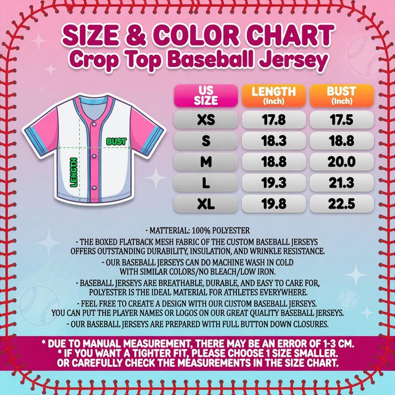 Puede incluir: Tabla de tallas y colores para una camiseta de b&eacute;isbol corta. La tabla muestra las medidas en pulgadas para las tallas XS a XL. La camiseta es blanca con detalles rosas y azules. El material es 100% poli&eacute;ster.