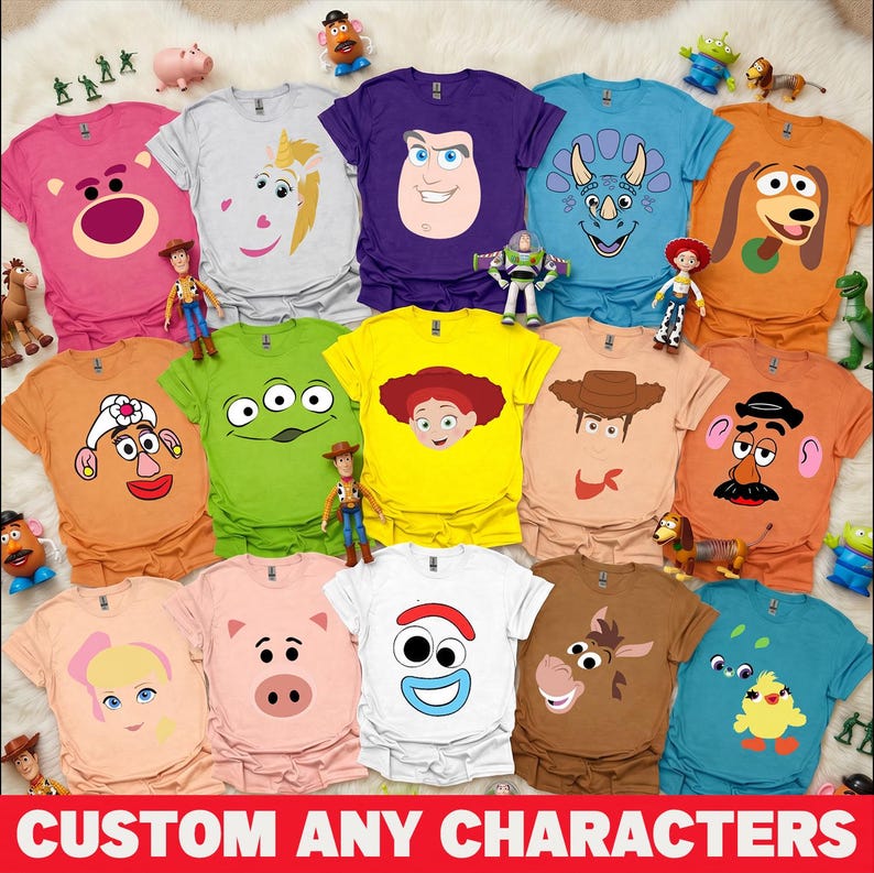 May include: A collection of colorful t-shirts featuring various characters from the animated movie Toy Story. The shirts are in a variety of colors, including pink, white, purple, blue, green, yellow, and orange. The text "CUSTOM ANY CHARACTERS" is displayed at the bottom.