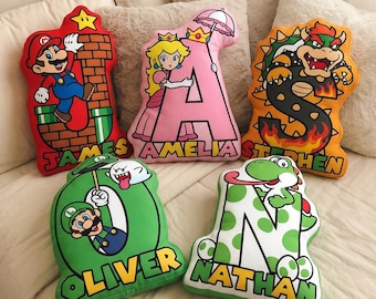 Personalized Mario Alphabet Pillow Custom Name Letter Pillow Kids Birthday Gift Mario Theme Nursery Decor Gamer Kids Gift
