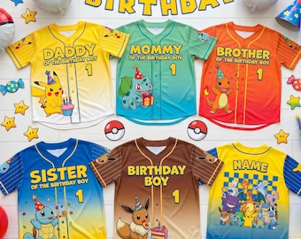 Pokemon Birthday Baseball Jersey, Pikachu Charizard Gengar Family Matching Shirt, Custom Pokemon Birthday Outfit Kids