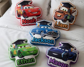 Personalized Cars Graduation Pillow, Custom Name Lightning McQueen Plush, Cushion Kids Car Gift Birthday Christmas Boys Room Decor