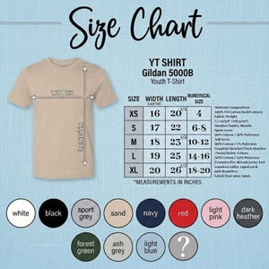 May include: A tan youth t-shirt with a size chart. The chart lists measurements in inches for width and length, ranging from XS to XL. Color options include white, black, and red.