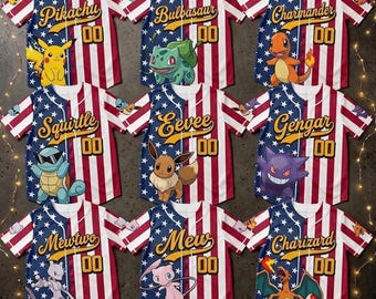 Patriotic PKM Shirt, PKM Baseball Jersey, 4th of July Outfit, Gengar Shirt, Anime Family Shirt, American Flag Jersey