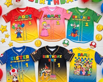 Mario Birthday Baseball Jersey, Super Mario Family Matching Shirts, Custom Nintendo Birthday Outfit, Mario Party Shirt