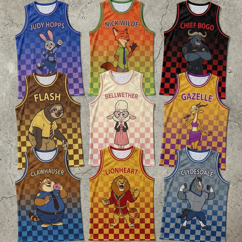 Peut inclure: Neuf maillots de basket-ball color&eacute;s avec des personnages de Zootopie. Chaque maillot pr&eacute;sente le nom et l'image d'un personnage, dont Judy Hopps, Nick Wilde, Chief Bogo, Flash, Bellwether, Gazelle, Clawhauser, Lionheart et Clydesdale.