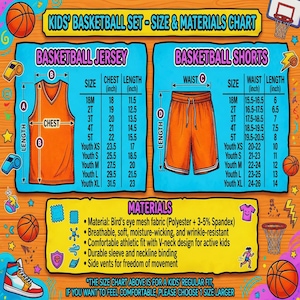 Peut inclure: Ensemble de basketball pour enfants orange, comprenant un maillot et un short, avec un tableau des tailles et des mat&eacute;riaux. Le maillot a un col en V et le short un cordon de serrage. Mesures en pouces.