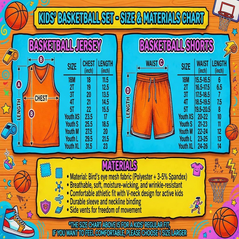 Peut inclure: Ensemble de basketball pour enfants orange, comprenant un maillot et un short, avec un tableau des tailles et des mat&eacute;riaux. Le maillot a un col en V et le short un cordon de serrage. Mesures en pouces.