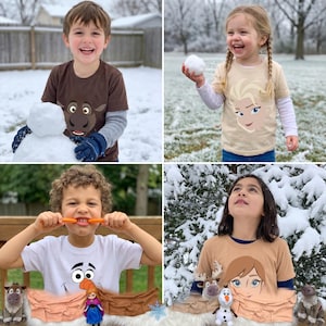 May include: Four images of children wearing graphic t-shirts. One child is building a snowman, another is holding a snowball, and two others are posing. The shirts feature characters from the animated movie "Frozen". The background is a snowy outdoor scene.