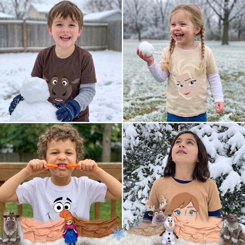 May include: Four images of children wearing graphic t-shirts. One child is building a snowman, another is holding a snowball, and two others are posing. The shirts feature characters from the animated movie "Frozen". The background is a snowy outdoor scene.