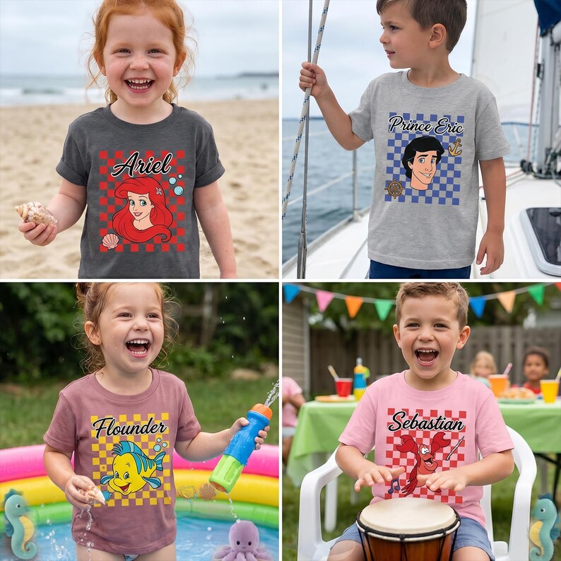 Op de afbeelding: Vier kinderen dragen T-shirts met personages uit De Kleine Zeemeermin. De shirts zijn grijs, roze en mauve, met namen van personages en afbeeldingen op geruite achtergronden. E&eacute;n shirt zegt "Ariel", een ander "Prince Eric", een ander "Flounder" en de laatste "Sebastian".