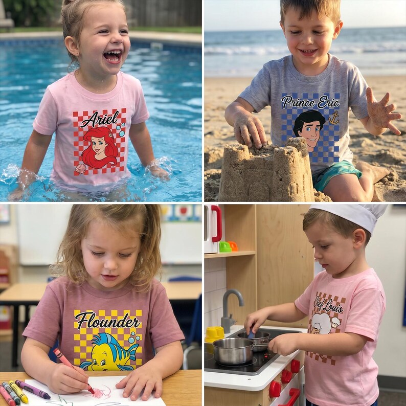 Op de afbeelding: Vier kinderen dragen T-shirts met Disney-personageafbeeldingen. De shirts tonen Ariel, Prins Eric, Botje en Louis. Elk shirt heeft een dambordpatroon en de naam van het personage. De kinderen zijn bezig met verschillende activiteiten.
